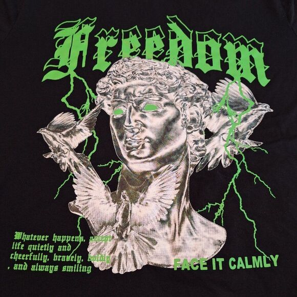 ROMWE T-Shirt Size Small Oversized BLACK Tee GREEN Graphic Print Freedom Shirt - Picture 2 of 8